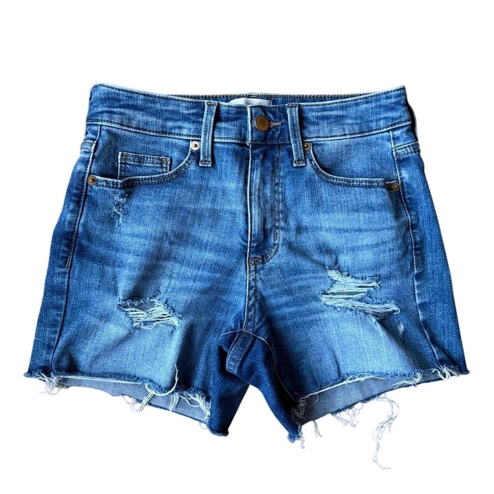 High Rise Midi Frayed Distressed Cutoff Blue Denim Jean Shorts Sz 0/25 90's y2k